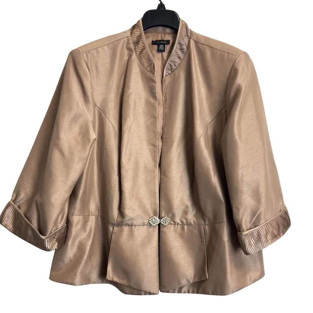 Le Bos Womens 22W Champagne Metallic Pleated Evening Jacket Rhinestone Clsosure